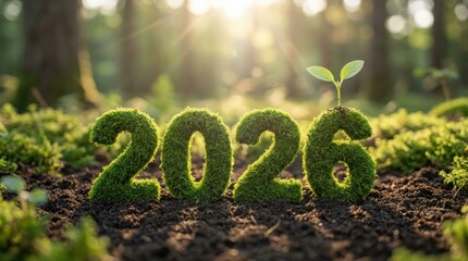 Moss Numbers Shaped As 2026 With Seedling, Forest Soil In Sunlight, Sustainable Growth And Future Renewal Concept