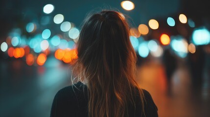 Woman Standing Alone on Night City Street with Colorful Bokeh Lights and Urban Atmosphere