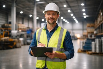 Warehouse Supervisor in Safety Vest and Hard Hat Holding Clipboard Inside Modern Logistics Center