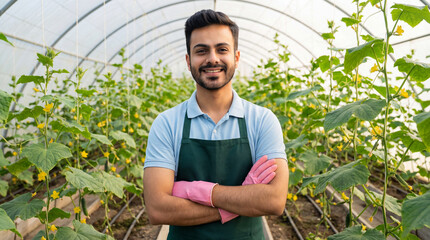 Smiling Young Man Working in a Modern Cucumber Greenhouse