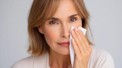 Middle Aged Woman Gently Removing Makeup with Cotton Pad in Skincare Routine