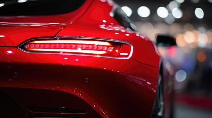 Modern Red Sports Car Rear View with LED Taillight Design in Night Showroom