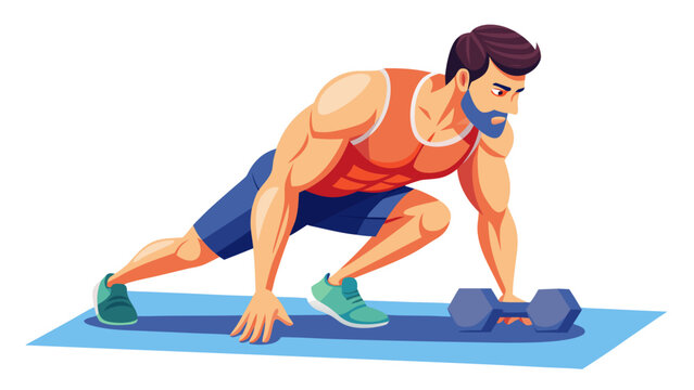 "Create a highly detailed, medically accurate 3D rendering of a fit male athlete performing a bent-over dumbbell row exercise on an exercise mat. The illustration should use an anatomical overlay to h