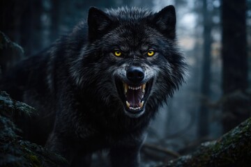 Angry Black Wolf Growling in Dark Forest, Wildlife and Danger Concept