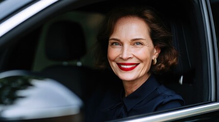 Elegant Mature Woman Smiling While Sitting in Luxury Car