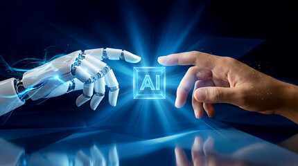 Futuristic robot hand and human hand touching glowing AI symbol on blue background