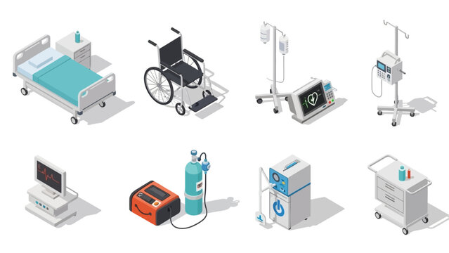 Isometric Medical Equipment Set for Hospital Care and Treatment.