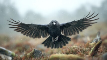 Obraz premium Dramatic Black Raven Flying with Spread Wings in Misty Natural Landscape