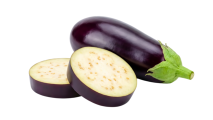 Fresh Whole and Sliced Purple Eggplant Isolated on White Background
