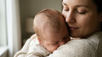 Mother holding sleeping newborn, soft natural light close-up portrait, tender maternal bonding concept