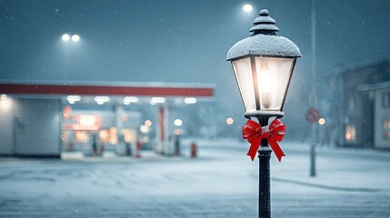 Snowy Street Lamp with Red Bow During Winter Night Snowfall