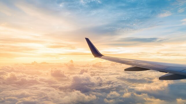 Airplane wing flying above clouds during golden sunset sky view from window - Powered by Adobe