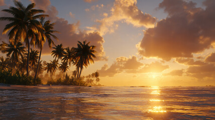 Beautiful sunset over the sea. Tropical landscape with palm trees and sandy beaches.