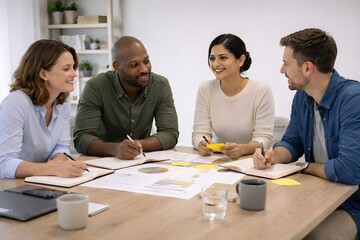 Fictional startup employees brainstorming together in a casual office environment, relaxed clothing and natural light, realistic photography style, collaborative startup culture, modern workspace, cre