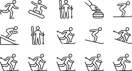 Obraz premium Black And White Vector Icon Set Of Winter Sports Activities Featuring Ice Skating Snowboarding Skiing Curling And Sledding Stick Figures For Seasonal Design Projects