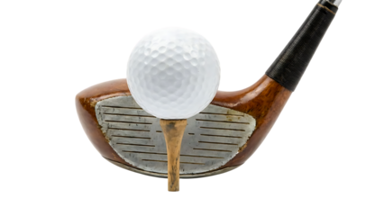 Golf Ball on Wooden Tee with Vintage Driver Club Isolated on White
