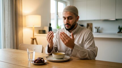 Muslim man making doa before breaking fast at dining table, calm modern home interior, Ramadan iftar devotion concept