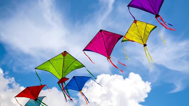 Colorful Kites Flying High in Blue Sky