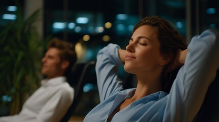 Obraz premium An everyday business moment captures staff unwinding during a break in a modern office, highlighting flexible office design and employee wellbeing strategies. cinematic color correction, natural