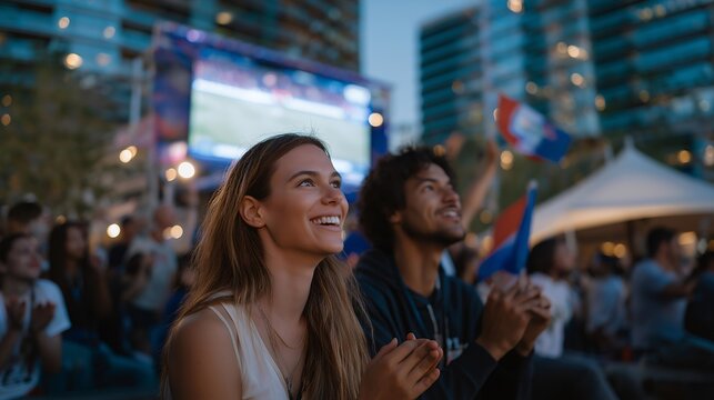 Fans gathered in an outdoor fan zone watching a live match on a big screen, people cheering together, waving flags and wearing team colors, expressing excitement, unity, and shared sports passion.