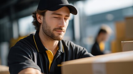 Logistics staff preparing items for delivery, checking orders and securing loads, illustrating reliability, accountability, and modern delivery operations. cinematic color correction, natural