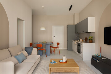 Cozy Living Space: Modern Interior Design with Kitchen and Dining Area