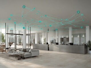 Modern corporate office interior with abstract digital network overlay representing smart workspace, connected teams, data flow, and future business technology