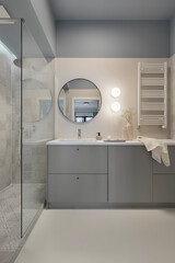 Modern Bathroom Interior with Walk-In Shower and Gray Tones