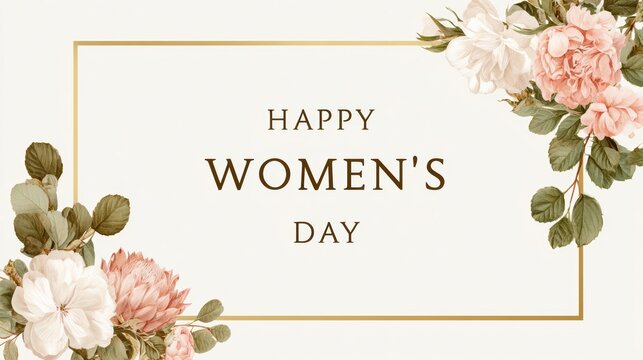 Happy Women's Day elegant floral border with vintage botanical illustrations