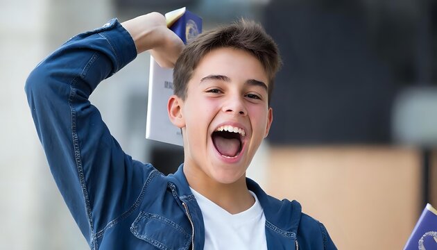 Stunning high-resolution photos of a positive, cheerful teenager in street clothes, shouting about winning the school math Olympiad. Education