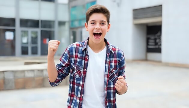 Stunning high-resolution photos of a positive, cheerful teenager in street clothes, shouting about winning the school math Olympiad. Education