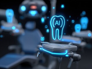 Futuristic AI powered dental concept with robotic technology and glowing tooth icon representing smart diagnostics, automation, and next generation oral healthcare