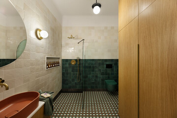 Modern Bathroom Interior with Earth Tone Accents and Unique Fixtures