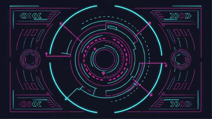 Fototapeta premium A vibrant futuristic interface design showcases concentric circles and neon lines creating a focal point for technological visualization