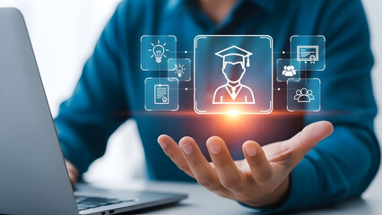 E-learning and Professional Development Concept with Person Wearing Graduation Cap Surrounded by Education Icons on Hand with Laptop in Background for Online Courses and Skill Enhancement