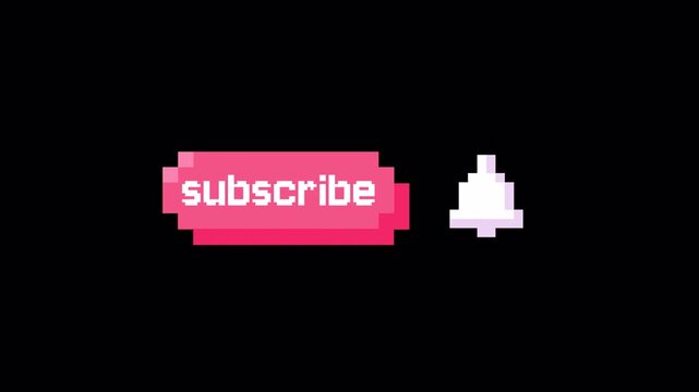 Subscribe and Notification Button Animation. Pixel Style. Transparent Alpha Channel 4K
