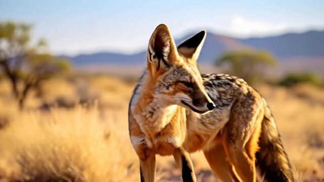 Majestic Jackal in African Savanna, Golden Hour Light.