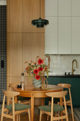 Stylish Dining Area with Wooden Furniture and Floral Centerpiece