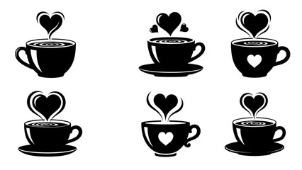 Obraz premium Hot coffee or tea cups silhouette collection with heart shape steam rising above beverage romantic drink icons for cafe design or valentines day celebration