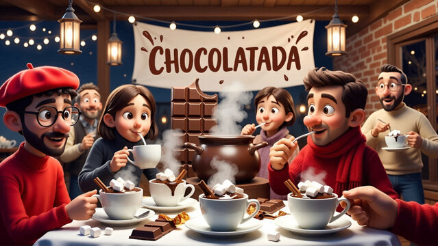 A cozy winter scene depicts a group of friends gathered around a table enjoying steaming cups of chocolatada with marshmallows and chocolate bars