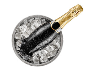 Bottle rests on top of champagne buckets with ice isolated on white. Top view