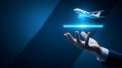 A futuristic scene of a hand interacting with a digital airplane interface