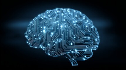 a blue digital brain with circuit patterns. artificial intelligence. data science. machine learning.