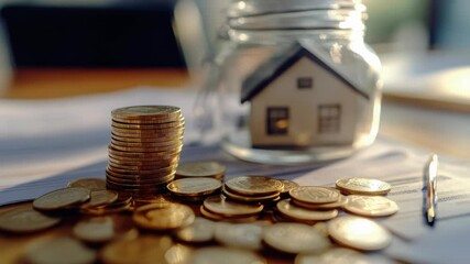 Footage A stack of coins next to a jar filled with coins, great for financial or money-themed concepts