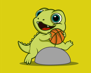 Cute Baby Crocodile Character Playing Basketball Illustration