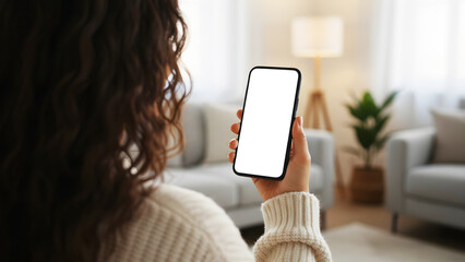 Hand holding mobile smartphone with empty white screen mockup for app design and interface in bright modern home living room with curly hair woman on sofa, tech lifestyle concept.
