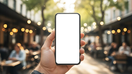 Hand holding mobile phone with blank white mockup screen in outdoor cafe restaurant terrace with blurry bokeh string lights background for travel app and social media promotion.
