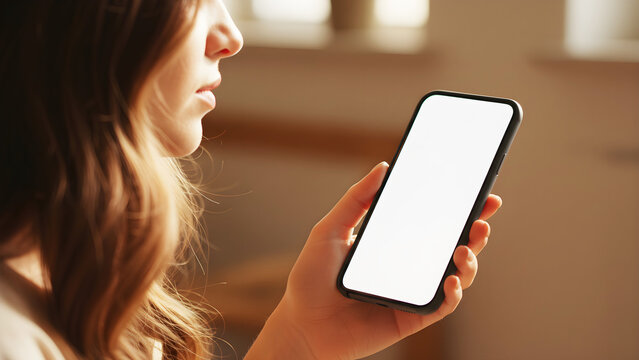 Hand holding mobile phone with blank white mockup screen by woman in warm minimalist home office interior with golden sunlight for creative digital app and brand promotion showcase.
 - Powered by Adobe