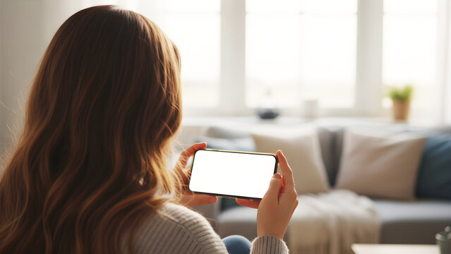 Hand holding mobile phone horizontally with blank white mockup screen by woman in cozy minimalist living room interior, digital device for landscape app display and video showcase.
