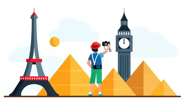 Flat vector illustration of a traveler holding a camera in front of famous landmarks like the Eiffel Tower and Big Ben with pyramids in the background. Travel and exploration concept.